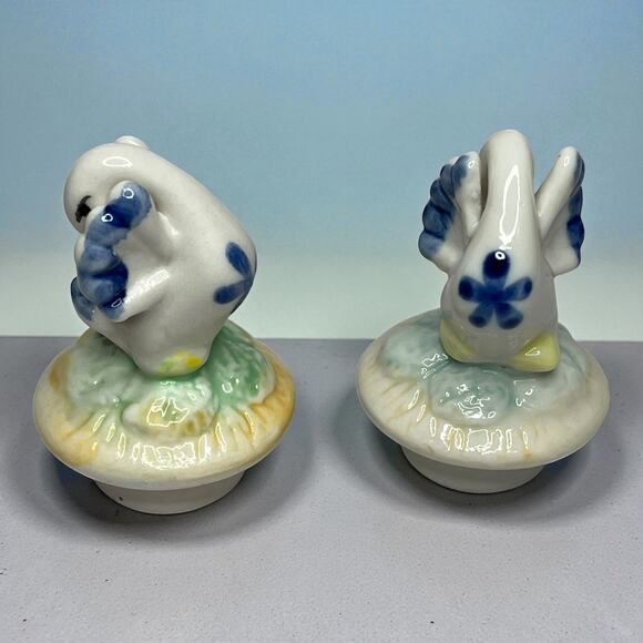 Vintage Blue & White Porcelain Duck Bottle Toppers 2” Bath Salt Jar Stoppers - Picture 2 of 8